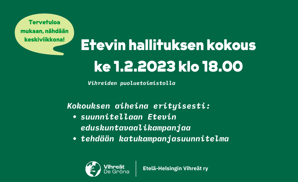 Kutsu: Etelä-Helsingin Vihreiden hallituksen kokoukseen 2/2023